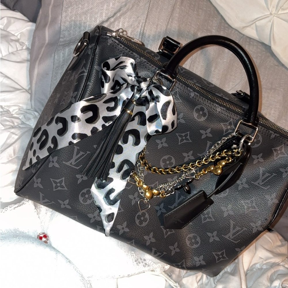 Designer Monogram Black Satchel with Gold & Silver Chain Accents